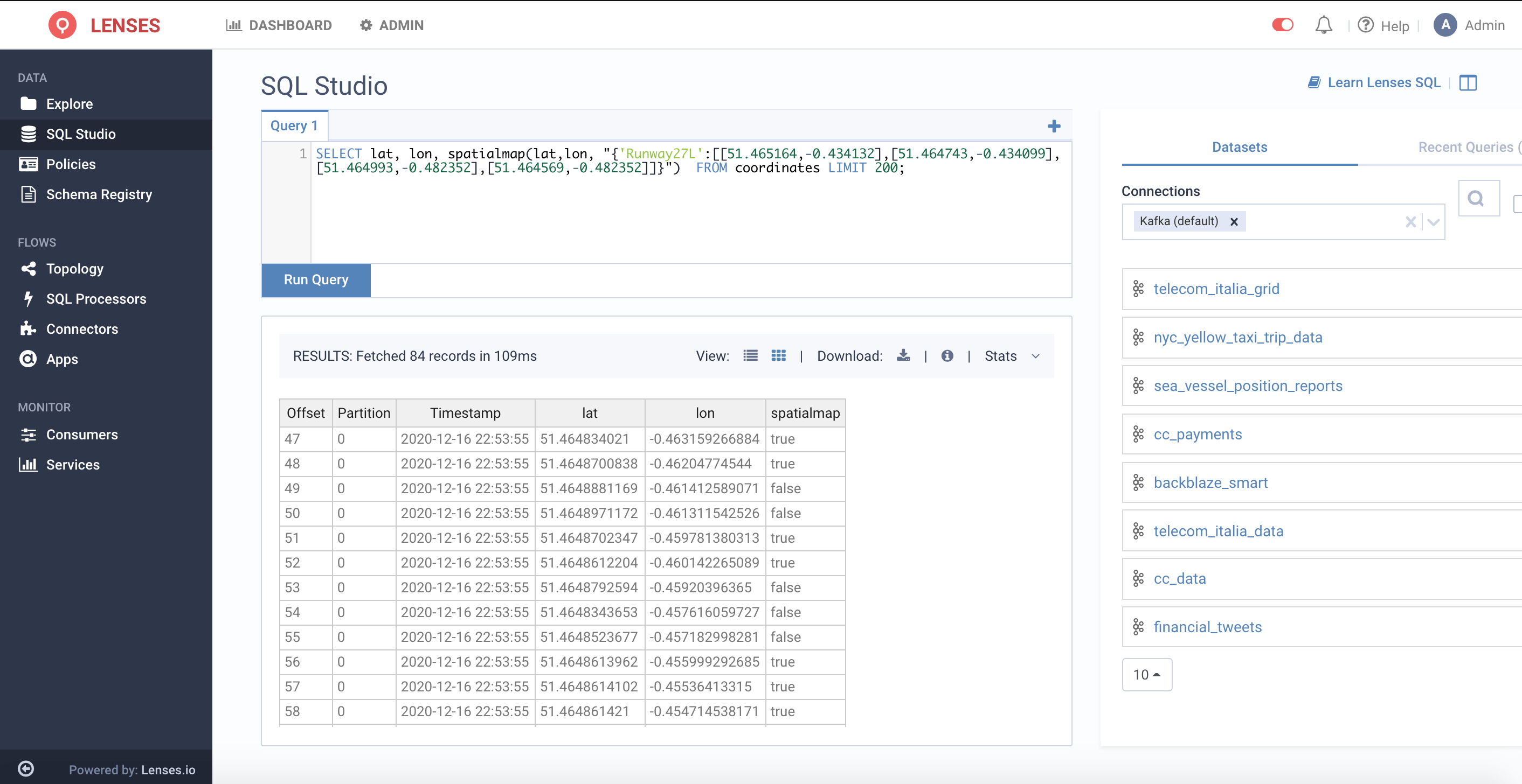 Lenses.io geo spatial analysis with Point in Polygon algorithm in SQL Studio