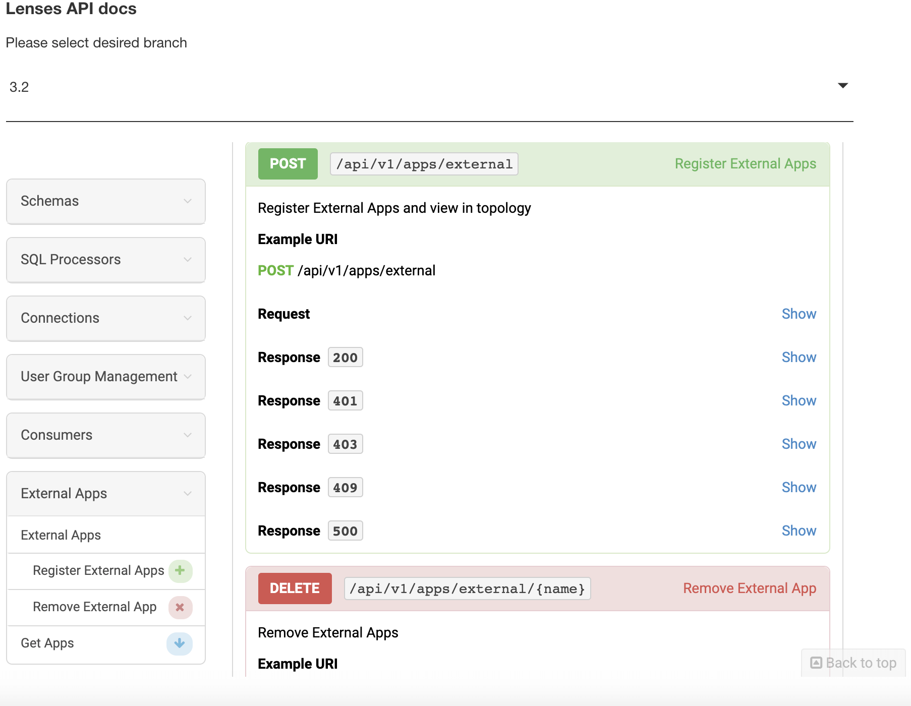 Lenses API docs external apps