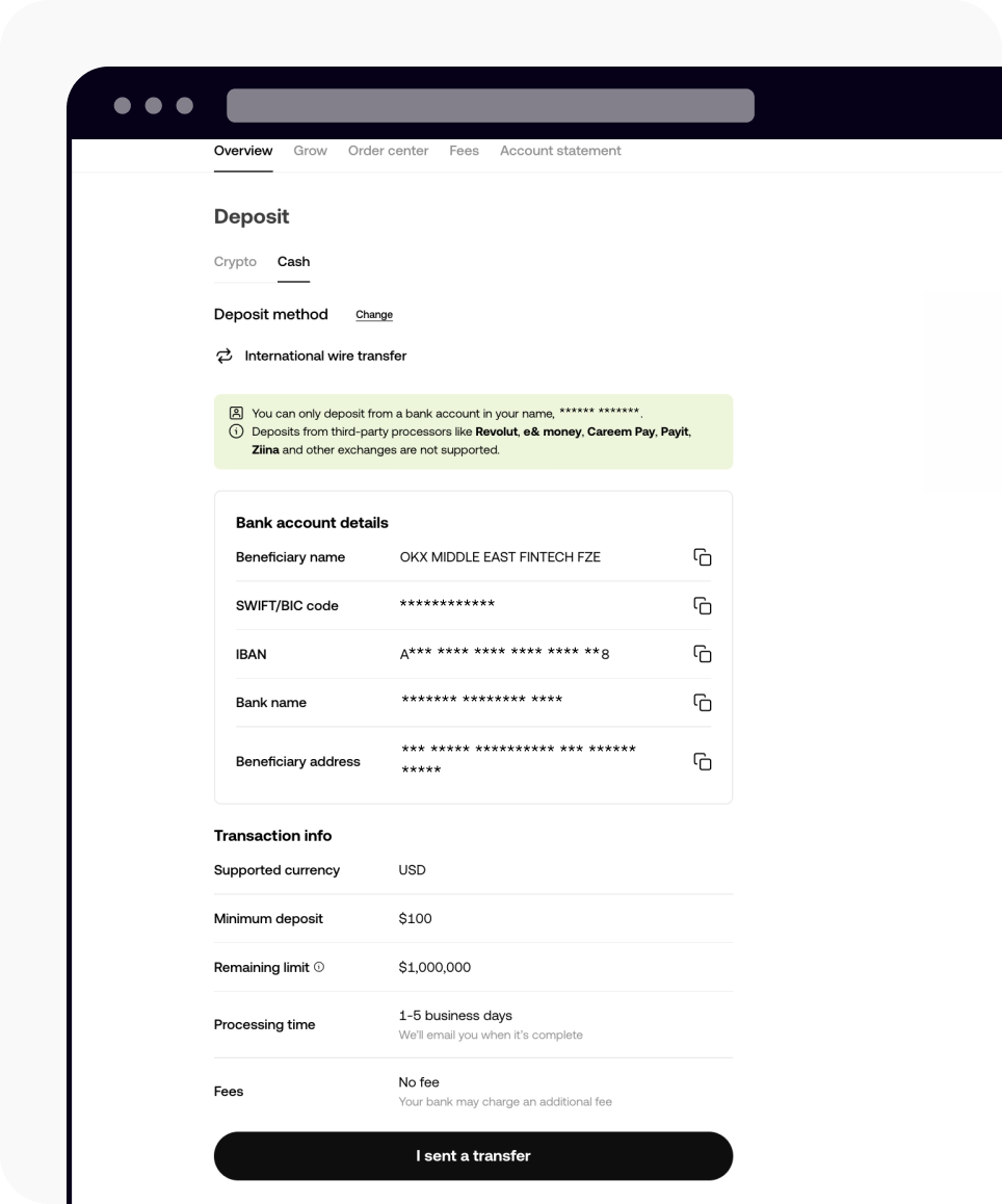 How do I deposit USD with international wire transfer as a UAE user? | OKX