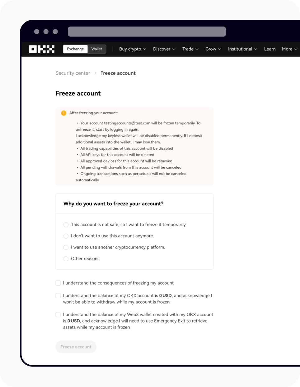 How do I freeze my account? (web) | OKX