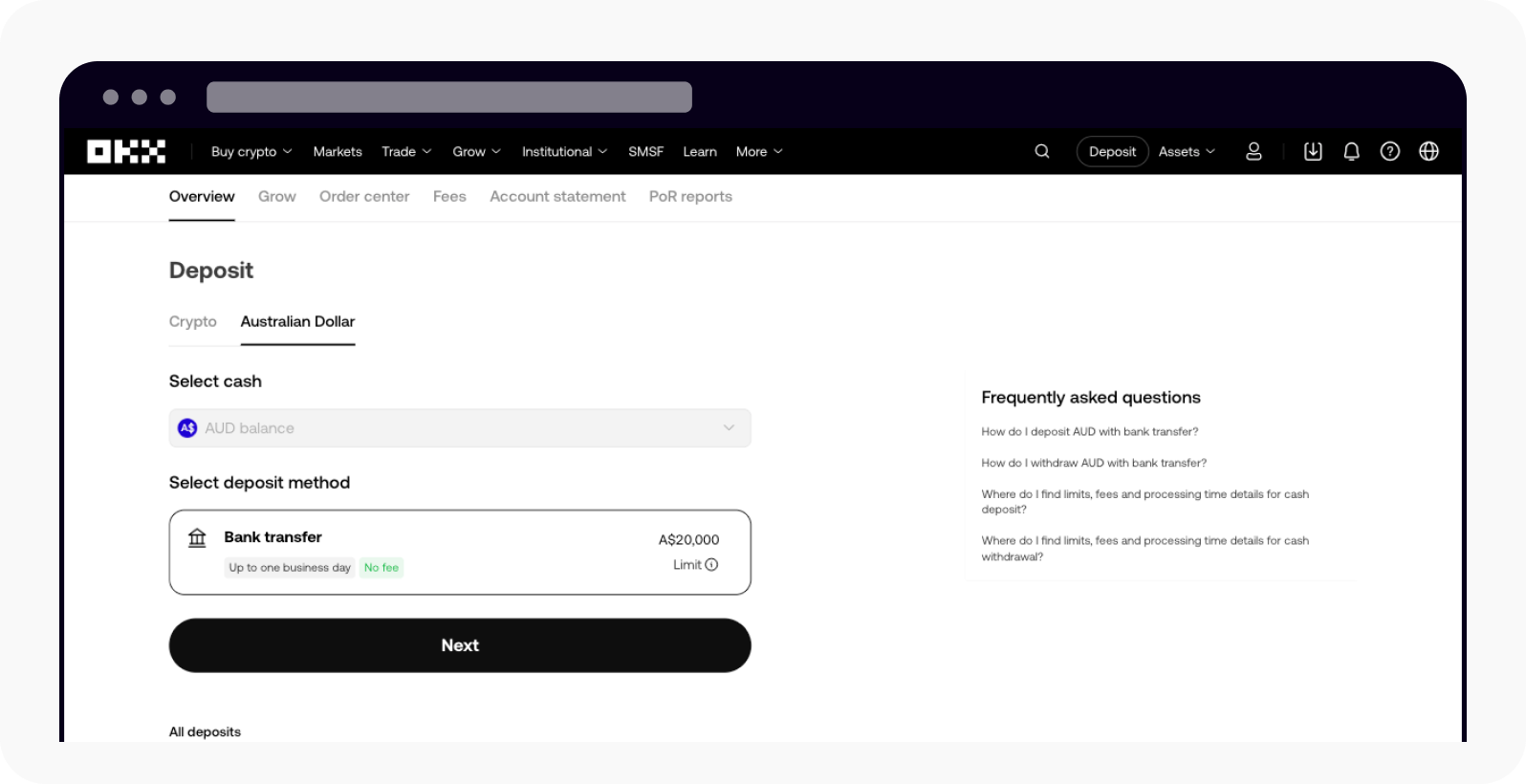 How do I deposit AUD with bank transfer? | OKX Singapore