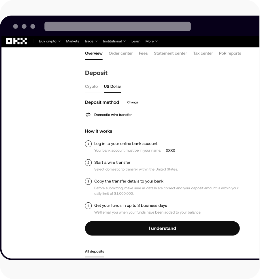 How do I deposit USD with U.S. Domestic wire transfer? | OKX United States