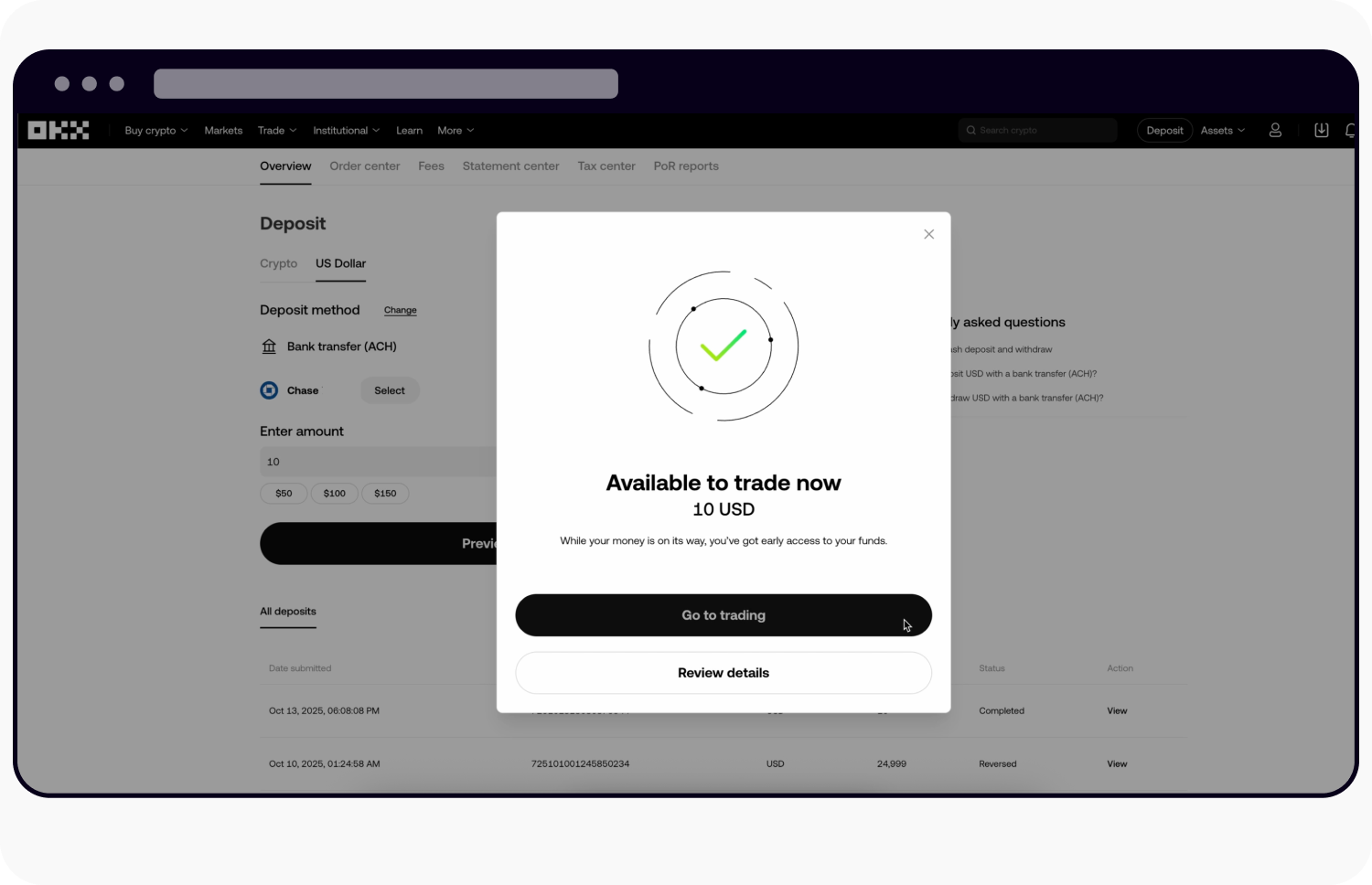 How do I deposit USD with Bank transfer (ACH)? | OKX United States
