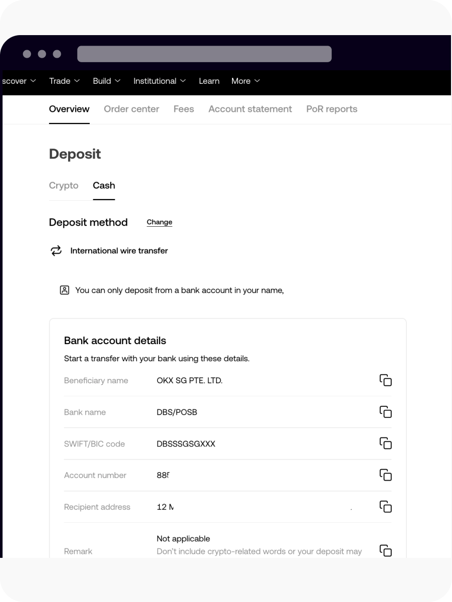 How do I deposit USD with International Wire transfer as a Singapore user?  | OKX Singapore