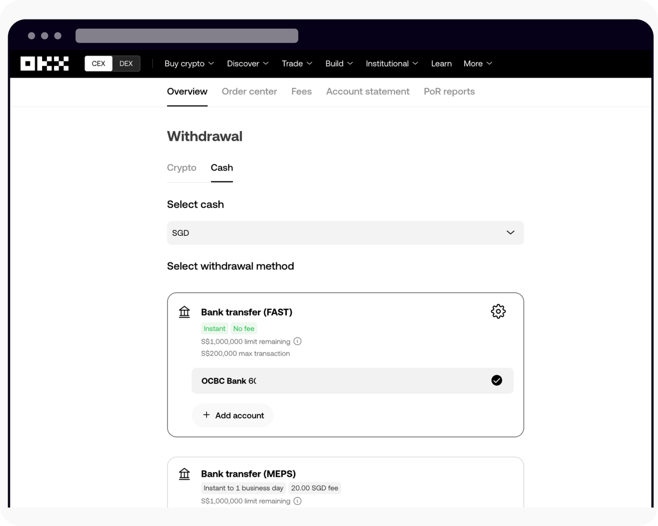How do I withdraw SGD with FAST, MEPS and International wire transfer? | OKX
