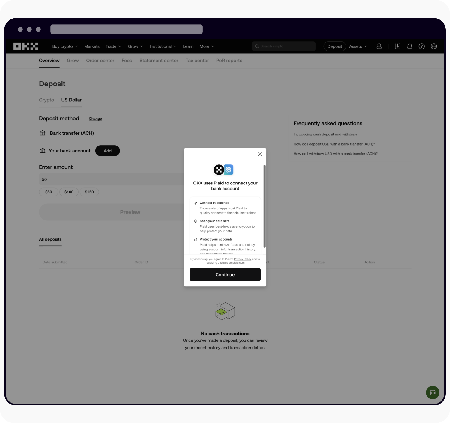 How do I deposit USD with Bank transfer (ACH)? | OKX France