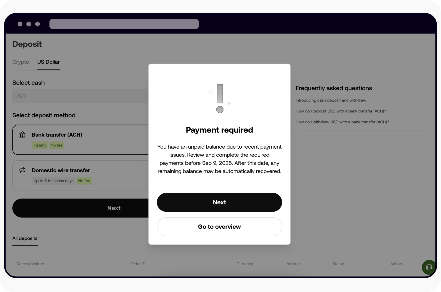 What should I do if there is a payment due for my ACH deposit? | OKX 澳大利亚