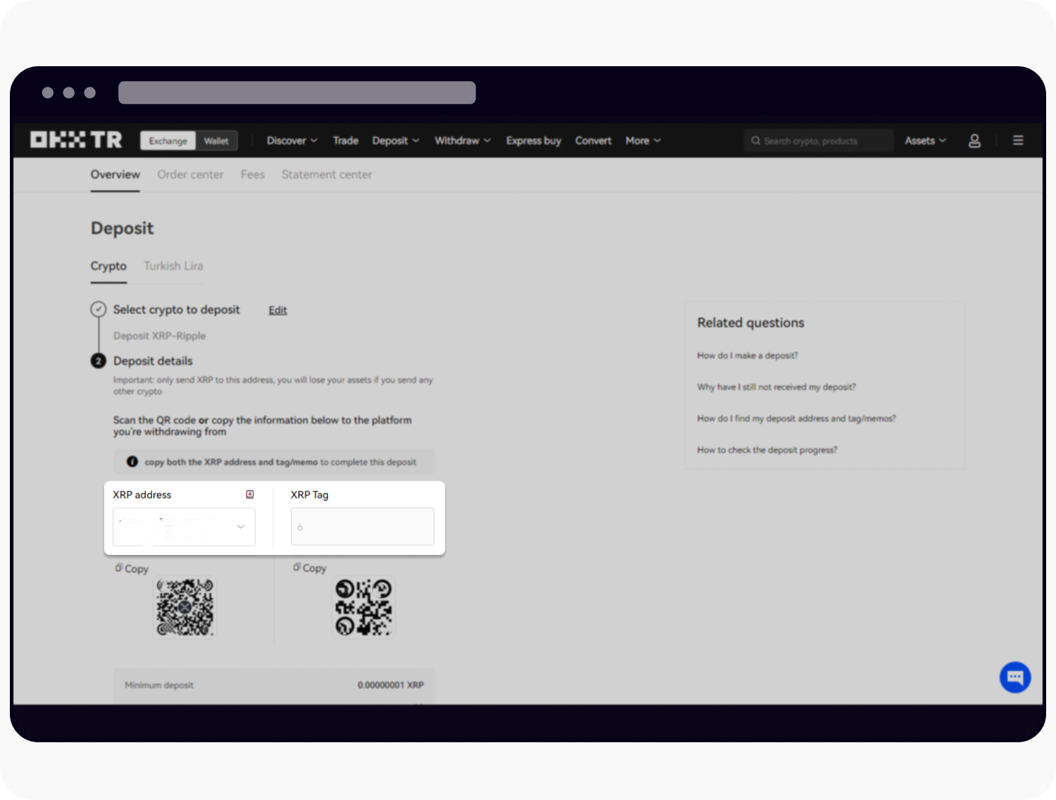 How do I find my deposit address and tag/memos? | OKX TR