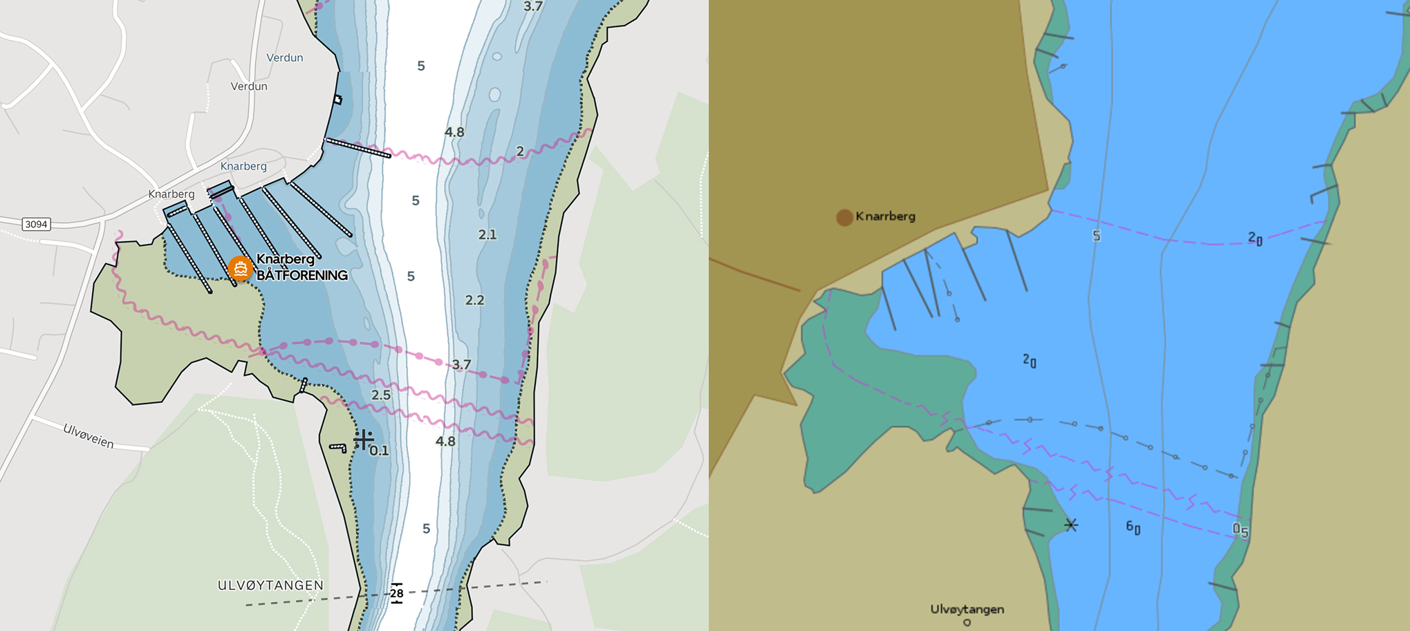 To the left, an example of Orca chart improvements around Knarberg harbour, which includes improvements to bathymetry, shoreline, and harbour details. The image to the right is the official data as provided by the Norwegian Hydrographic Office.