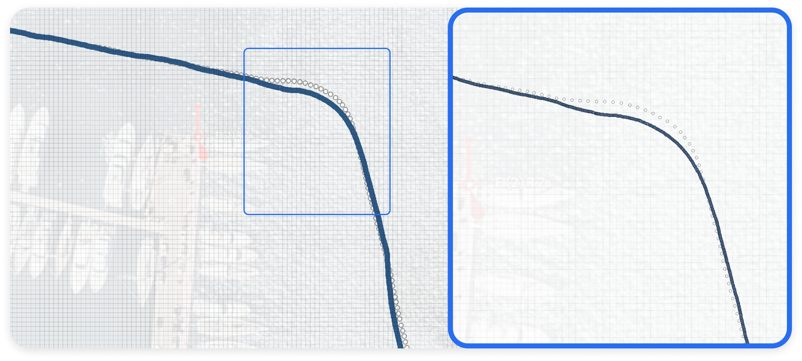 Orca Core is blue and SCX-20 is represented as white marks. The map grid is 2x2m. The right section of the map shows the turn in higher resolution, illustrating a deviation of almost two meters during the course change.