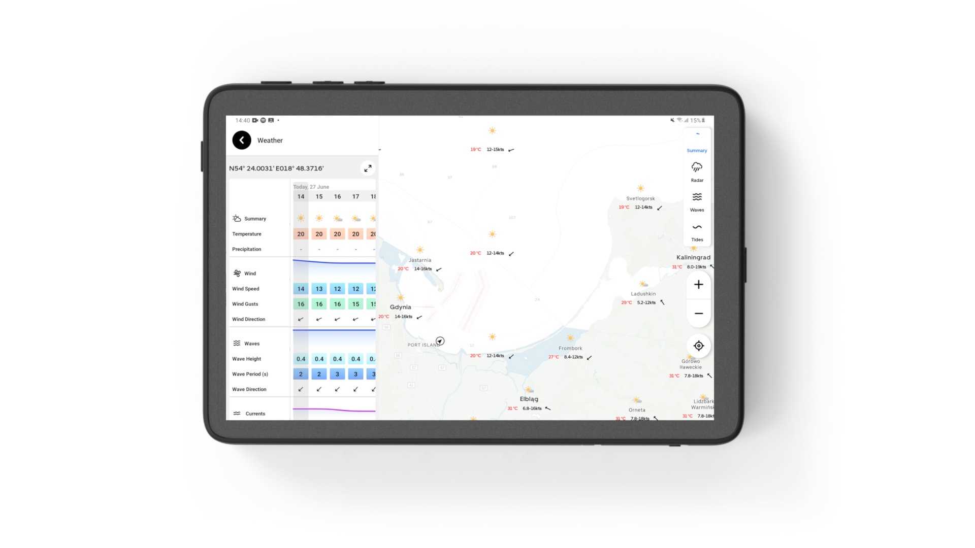 The new weather panel is visible on the left side of the screen, giving you an hour-by-hour understanding of the upcoming weather forecast.