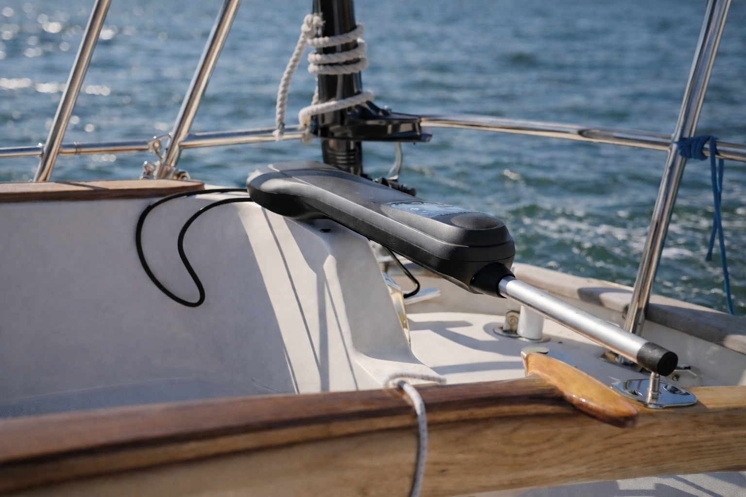 A Simrad tiller pilot in its natural environment.