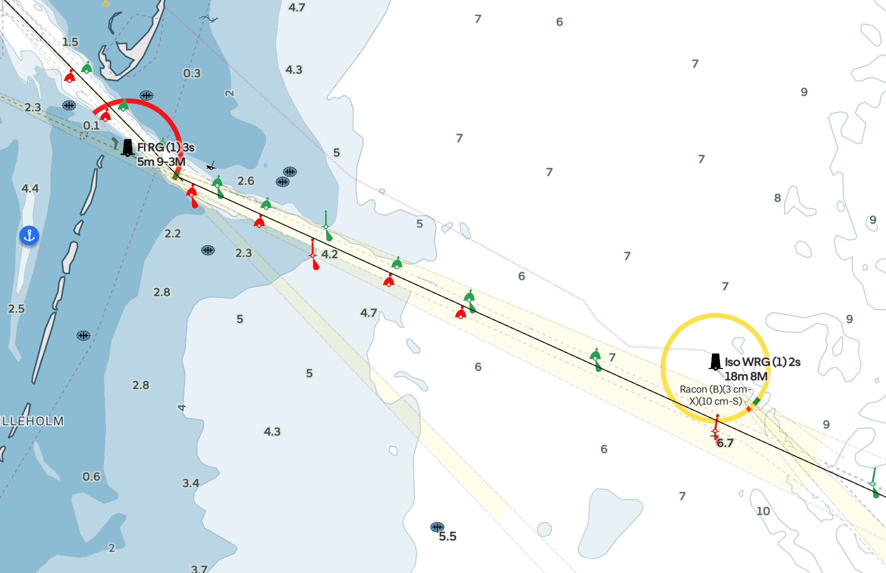The approach to Hals is guided by several lighthouses. With distinctly different heights that are now presented in Orca Charts, they are now easy to separate at a distance.