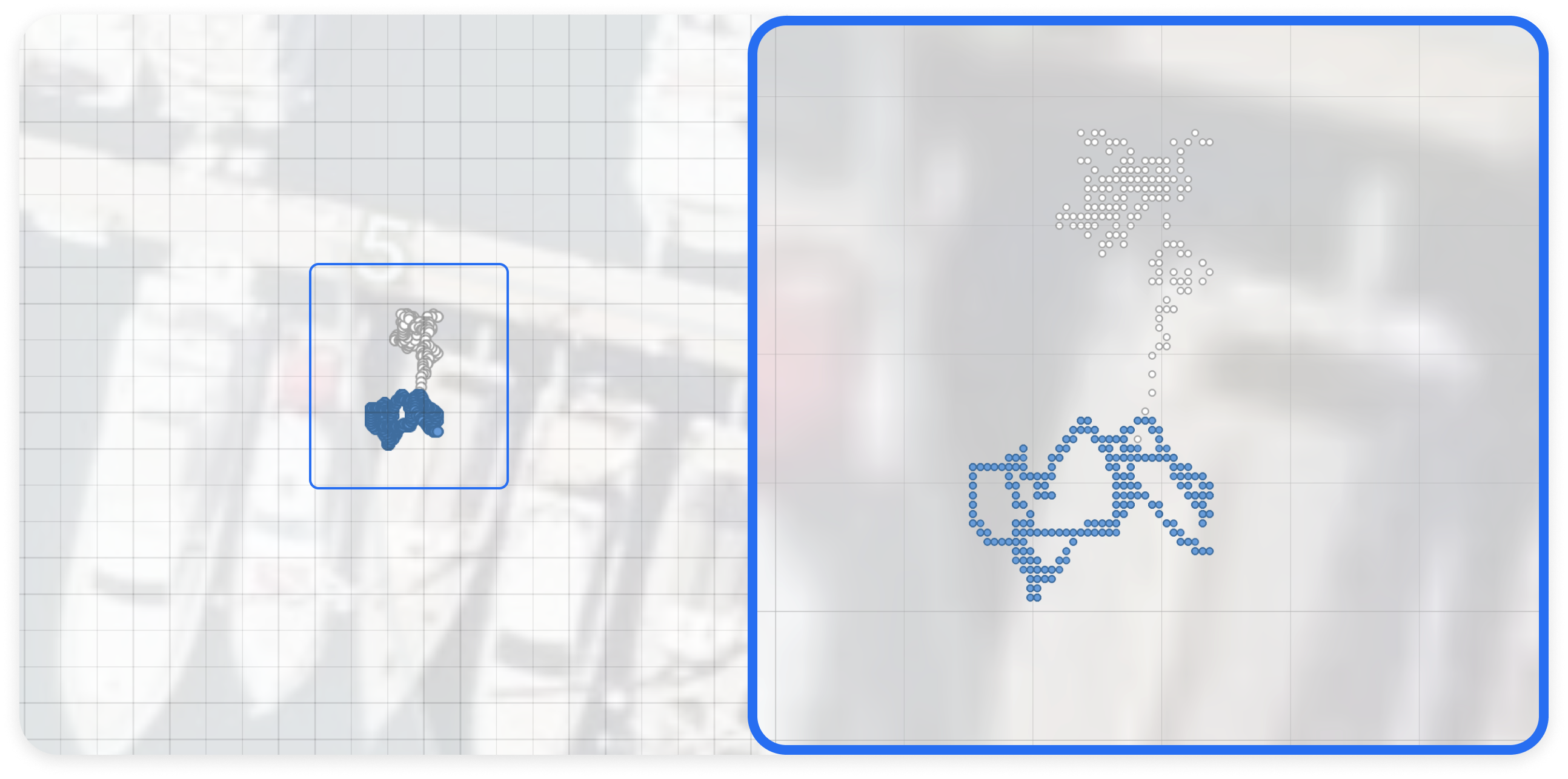 Orca Core is blue and SCX-20 is represented as white marks. The map grid is 2x2m. The positions are offset as the SCX-20 was mounted 4 meters away from the Orca Core 2 along the centerline of the boat.