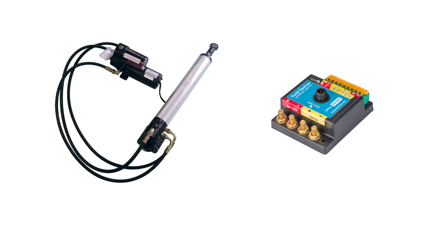 To the left: A high-performance NKE hydraulic drive unit. To the right: A YachtD autopilot controller.