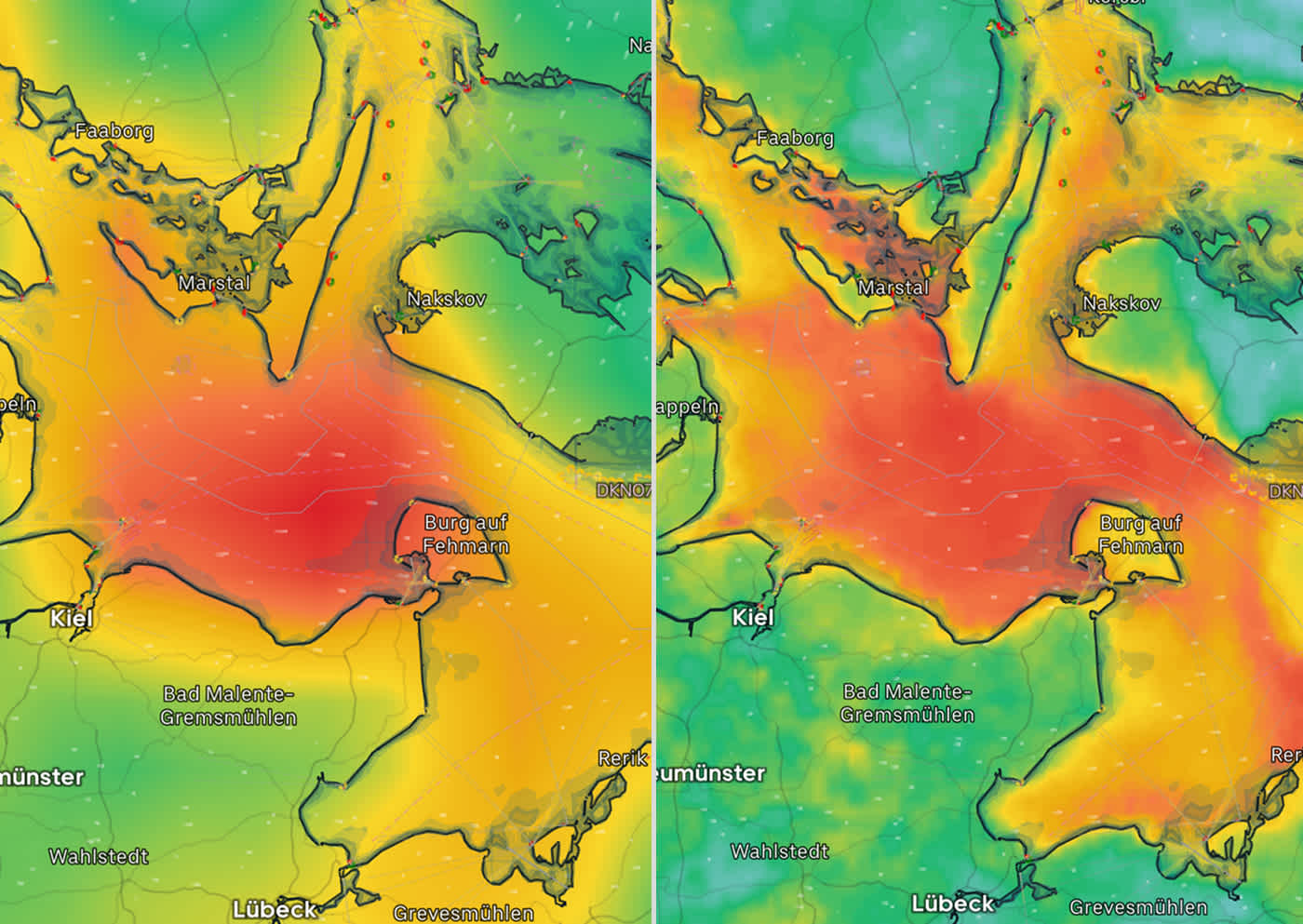 ECMWF to the left and ICON D2 to the right. Notice how the ICON D2 model shows clear effects from land wind shadows, while the ECMWF model gives a much less granular forecast that lacks these details.