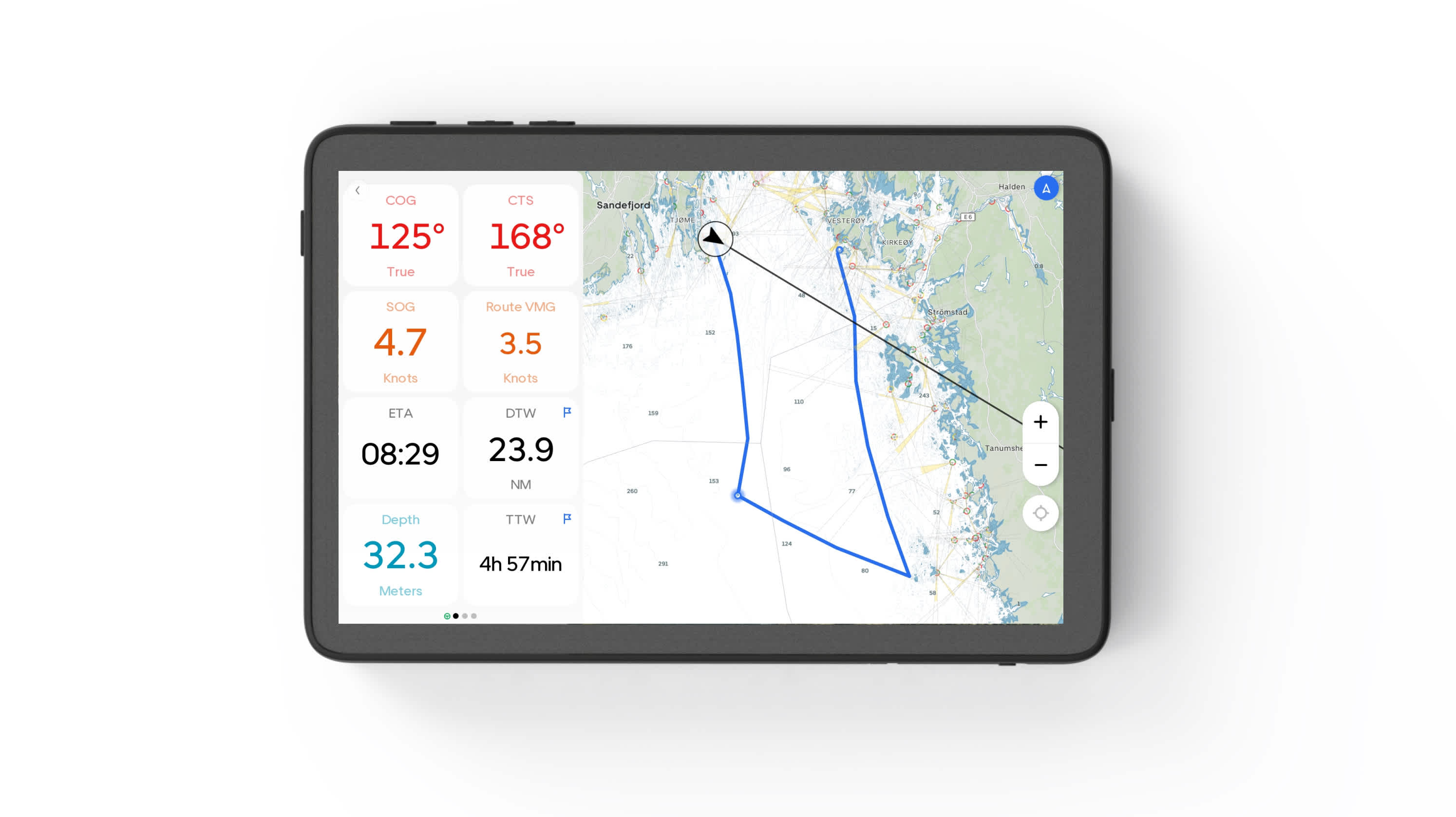 Route VMG combined with Orca's Sail Routes accounts for forecasted wind and tide changes for better VMG sailing.