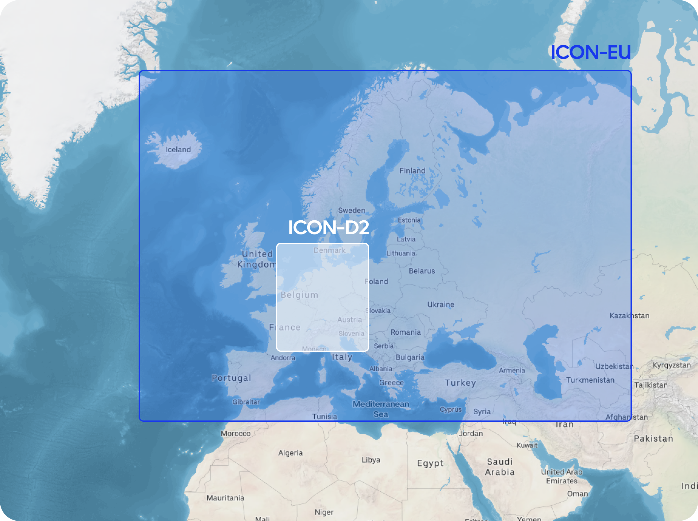 ICON-EU and ICON-D2 cover Europe with their high-accuracy data. ECWMF covers the rest of the world.