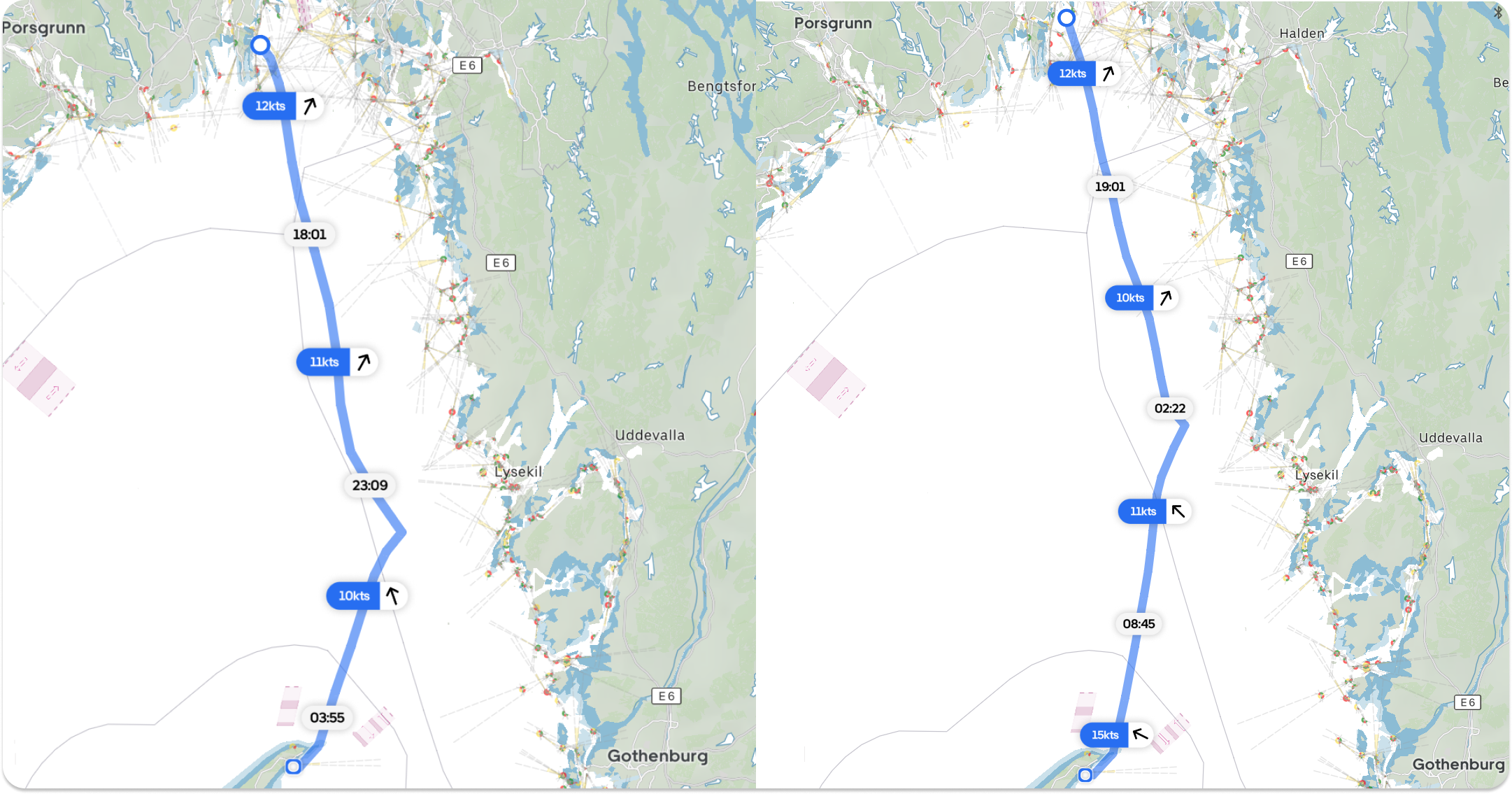A night sail from Tjøme Norway to Skagen in Denmark. To the left, 100% Polar Scaling. To the right, 80% scaling at day, with an additional 80% scaling at night. With reduced polar scaling, the tack is further north and arrival is 7 hours later.