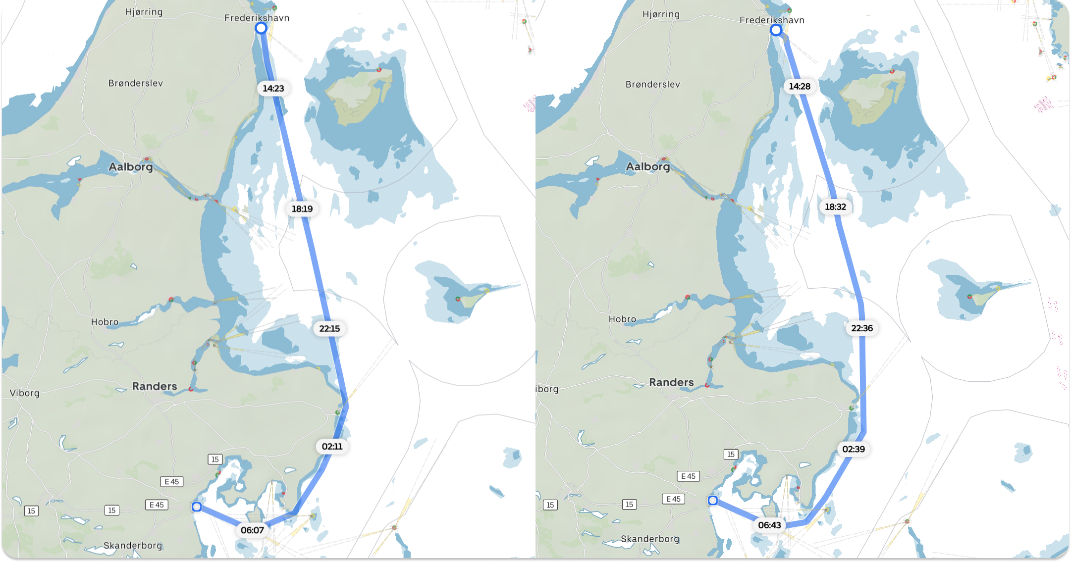 A trip from Fredrikshavn to Århus in Denmark. To the left, a depth limit of 1 meter makes the route follow the shoreline closely, crossing shallow sand banks. To the right, a depth limit of 10 meters. The route keeps further away from shallows but takes 40 minutes longer.