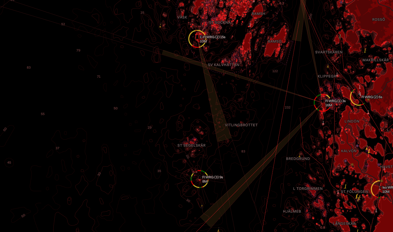 In night mode, Orca charts shift to a red hue. Light sectors become easier to spot, and their characteristics are shown more prominently.