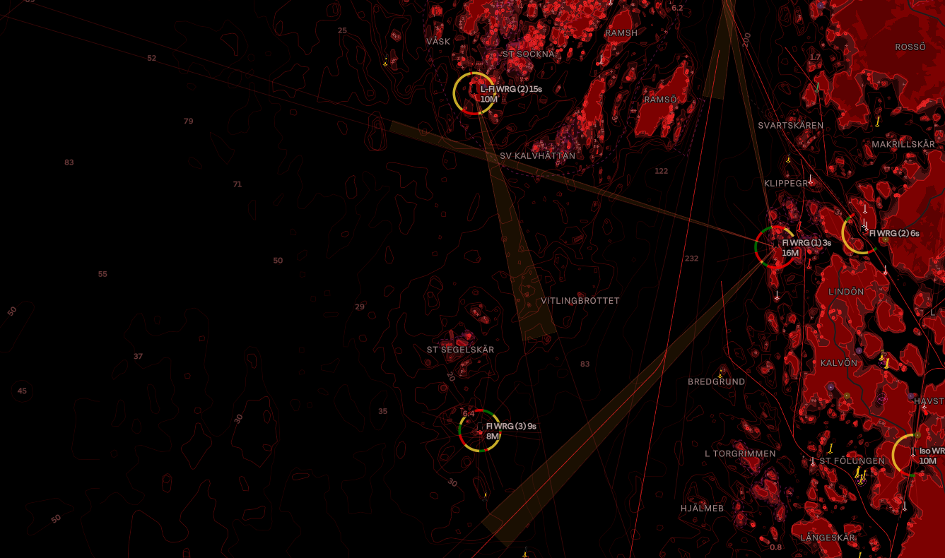 In night mode, Orca charts shift to a red hue. Light sectors become easier to spot, and their characteristics are shown more prominently.