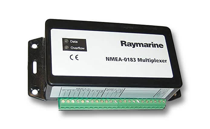 A Raymarine NMEA 0183 Multiplexer. The terminal block on these devices is typically full of wires running between your sensors and chartplotter.