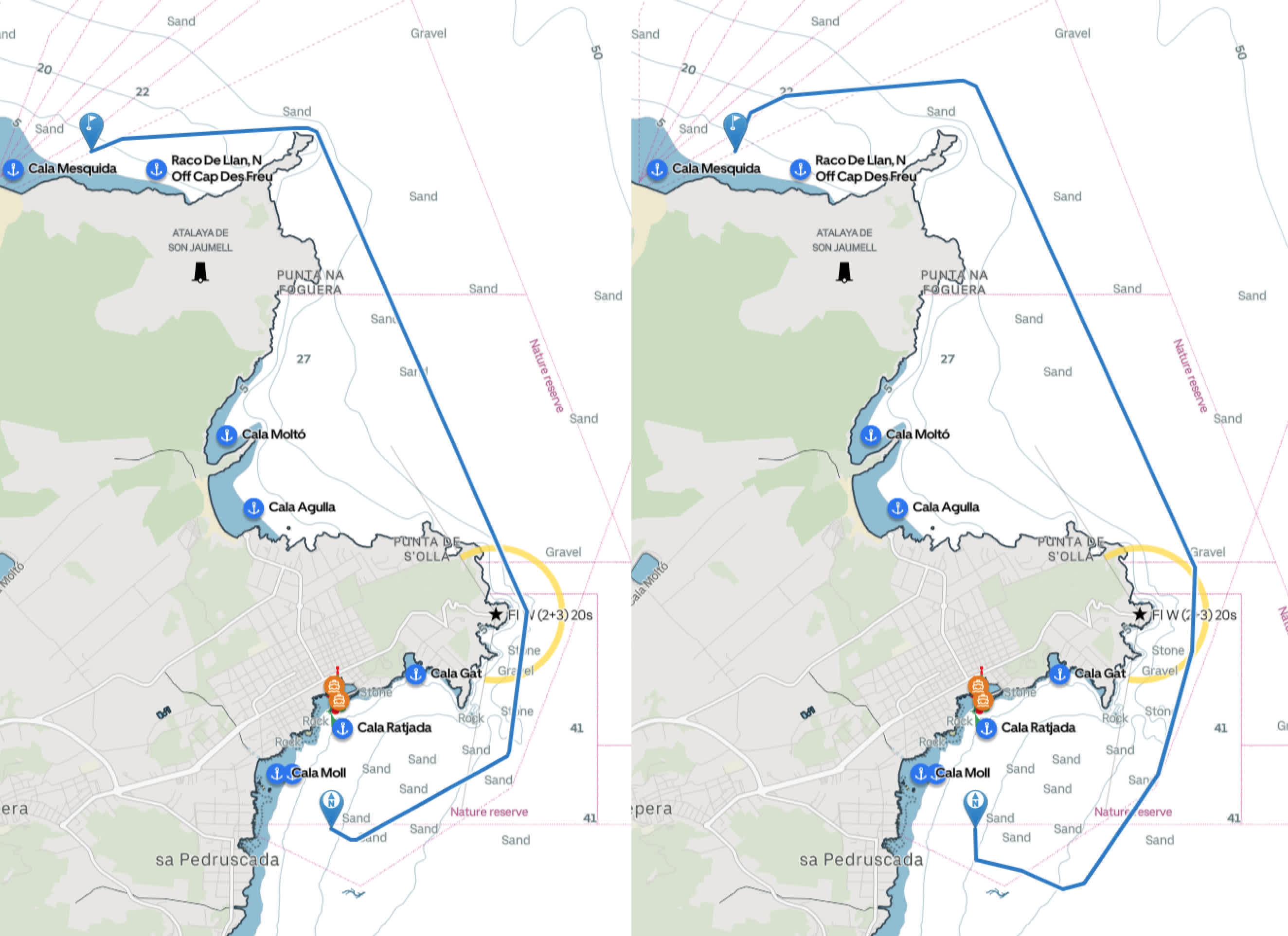 To the left: Maximum Leeway before this update. The route cuts ~50 meters away from shore before reaching the northern bay. To the right: Maximum Leeway after this update. The route stays consistently ~500 meters away from shore.