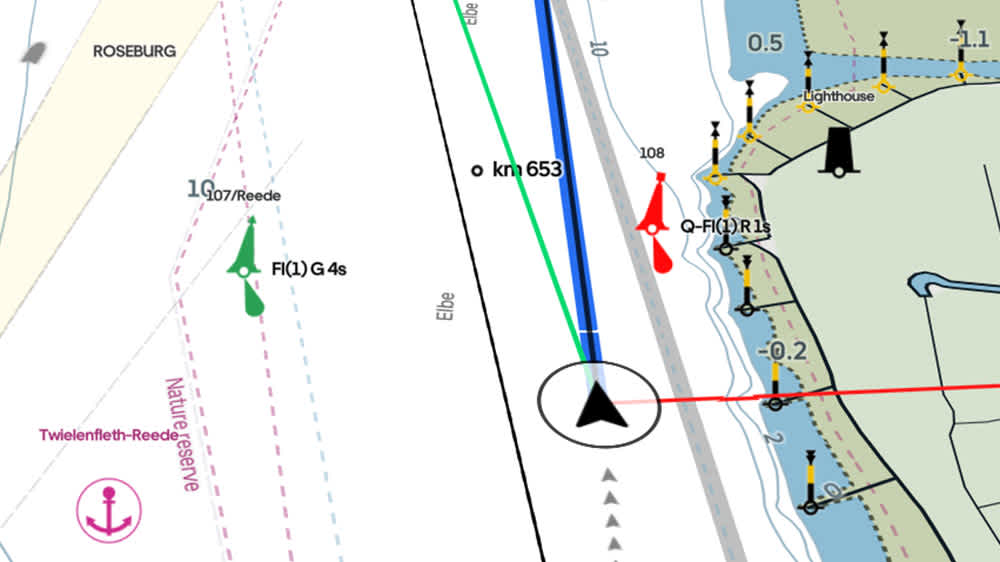 On the chart (here in 3D view), navigation marks are shown with their identifiers. The track is marked with gray triangles. ©Orca/BLAUWASSER.DE