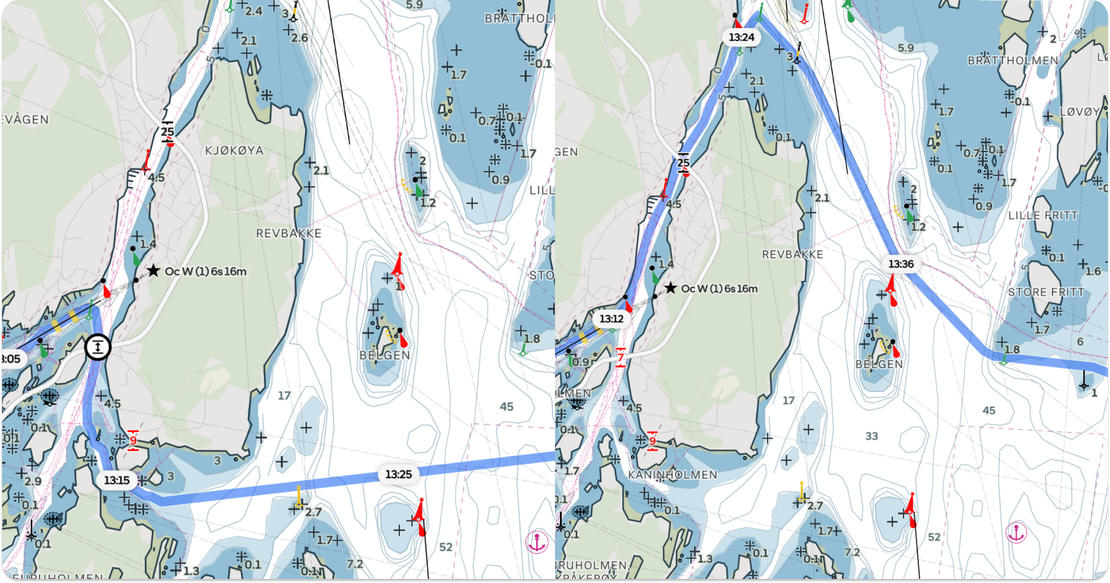 To the left, a Height Limit of 2 meters allows for passing under the 7-meter bridge southwest of Kjøkøya. With a higher Height Limit, the route follows the northern channel.