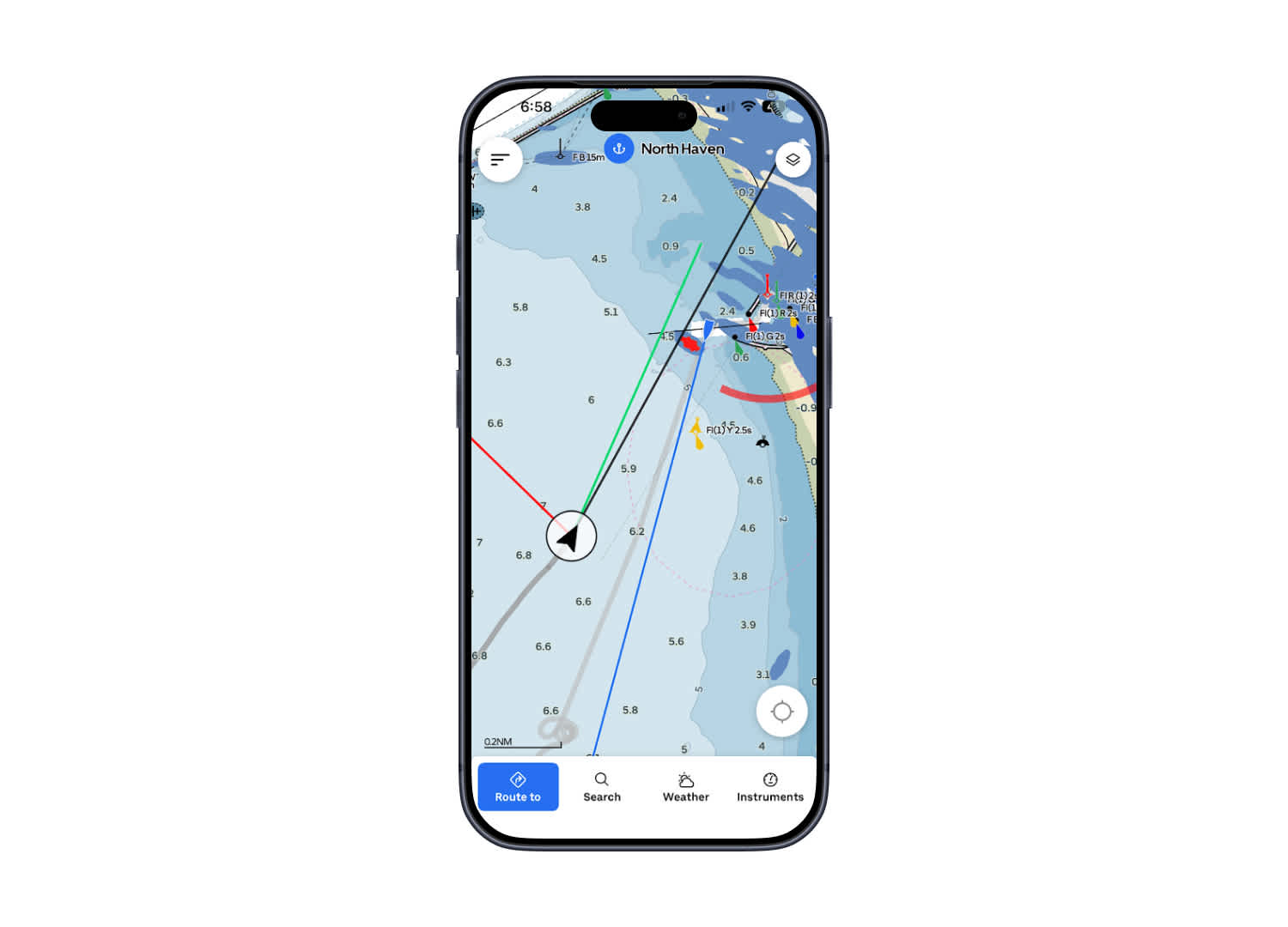 A harbour approach with Doppler mode. The red radar target is easy to spot, and updates more quickly than the corresponding AIS signal for the incoming vessel.