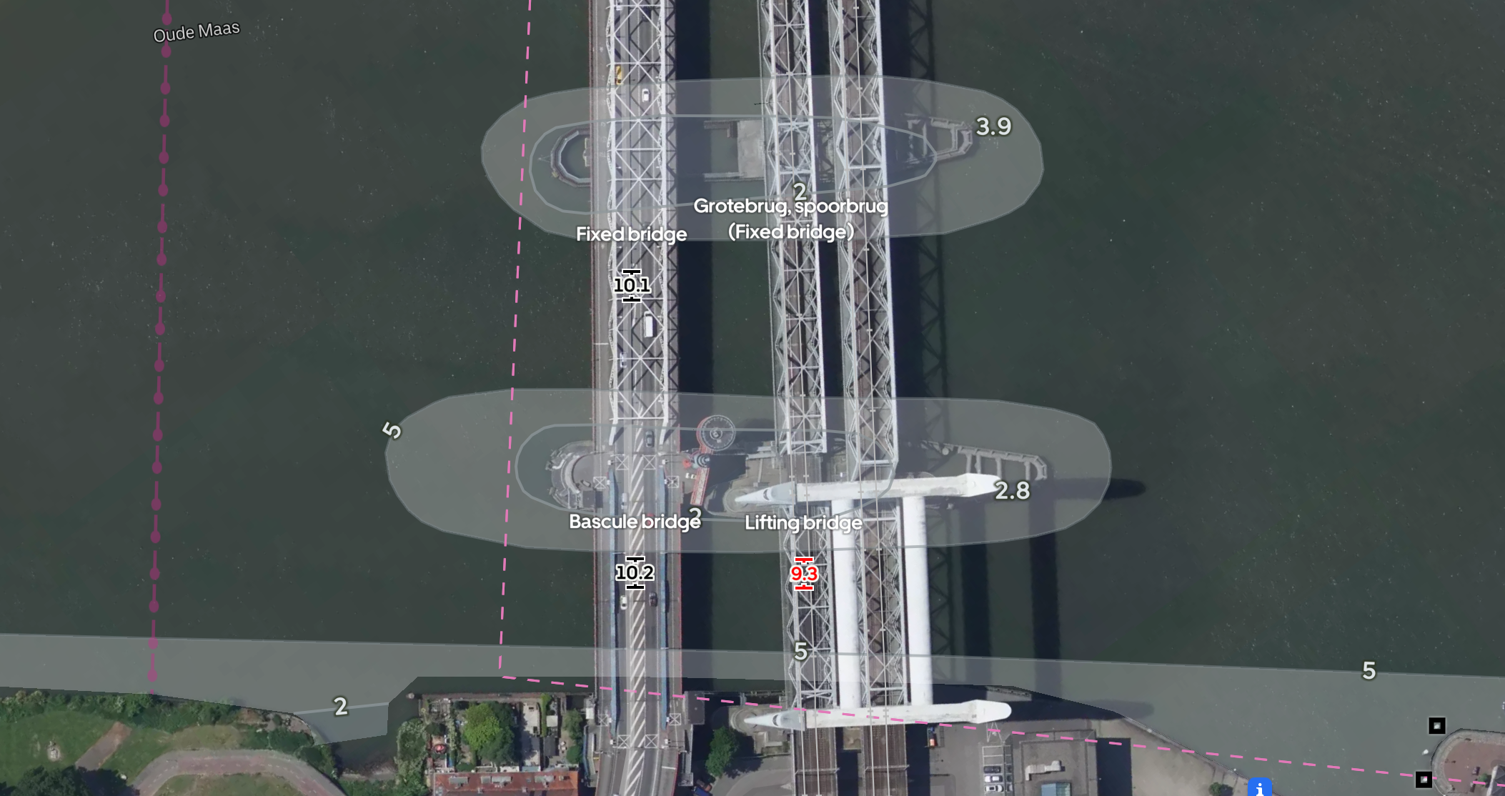 A close-up of the updated bridge labels from the Netherlands. The combination of easy-to-read labels and Orca's Satellite Hybrid charts gives a fantastic situational awareness prior to a bridge crossing.