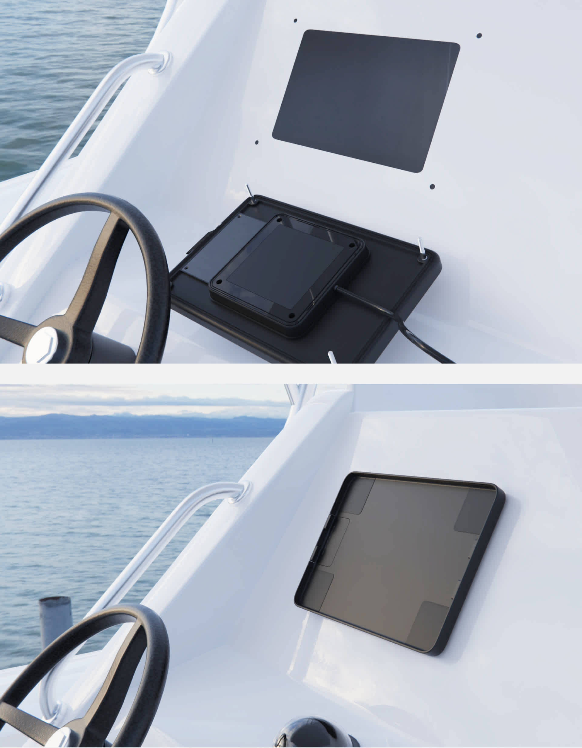 A step-by-step illustration of installing the Flush Charging Mount on top of an existing chartplotter cutout in the dashboard.