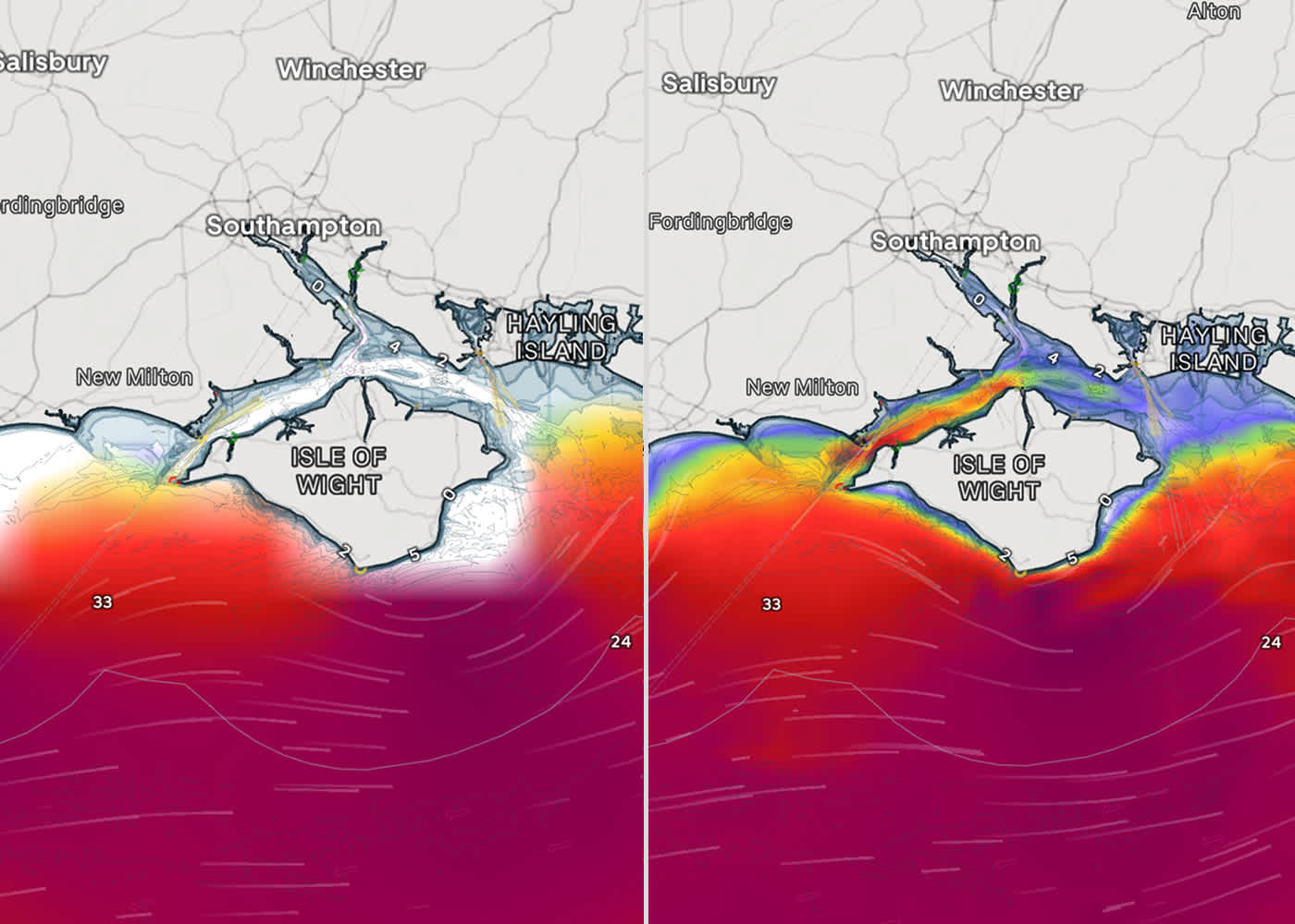 CMEMS to the left and AMM15 to the right. Notice how the AMM15 model offers detailed nearshore data and accurately shows currents in the Solent, where CMEMS does not offer any data for this area.