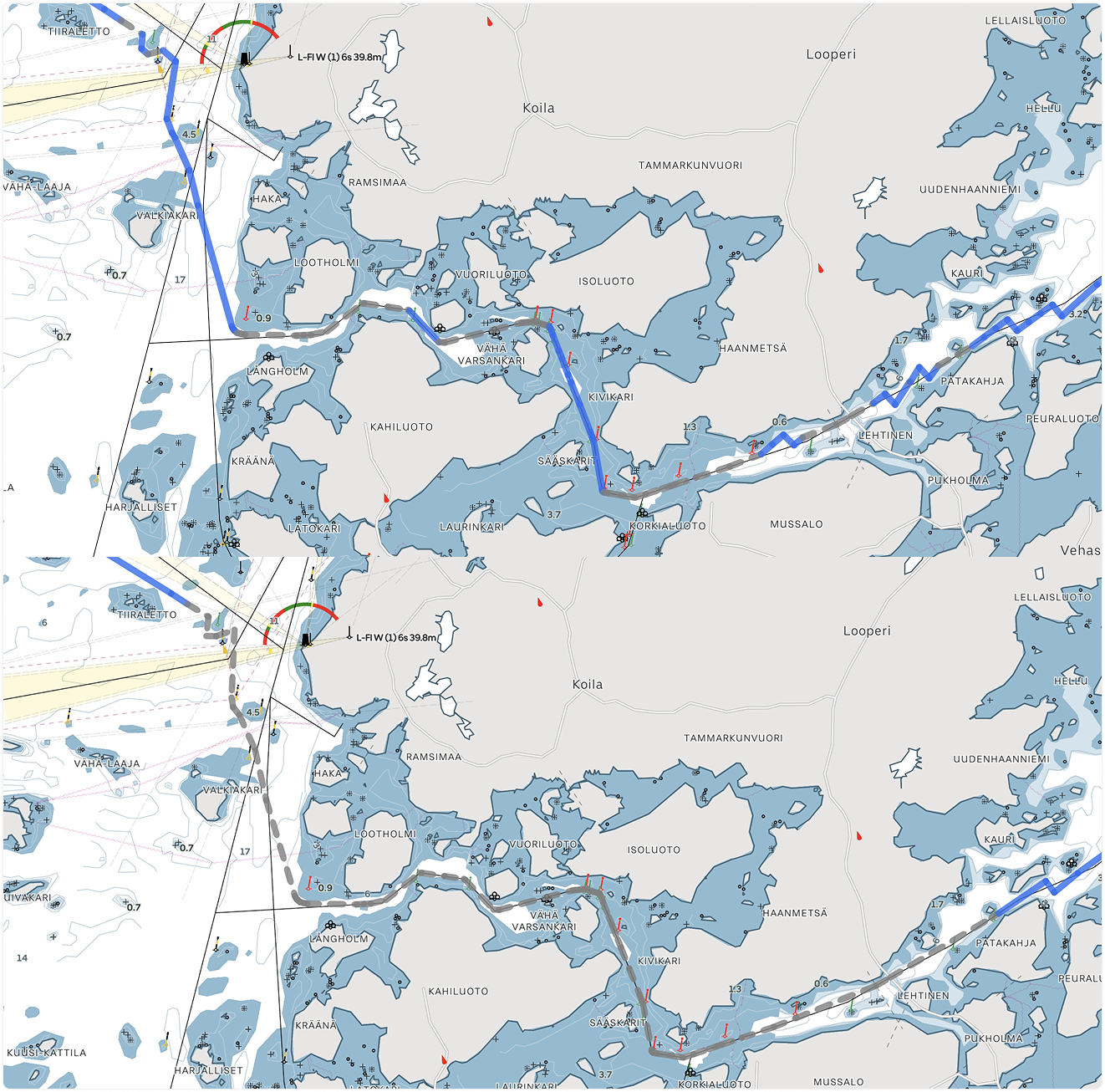 The top image shows old Sail Routing with repeated switching between engine and sail represented by grey and blue sections. The bottom image shows the updated Sail Routing that waits with hoisting sail until the boat has fully passed the narrows.