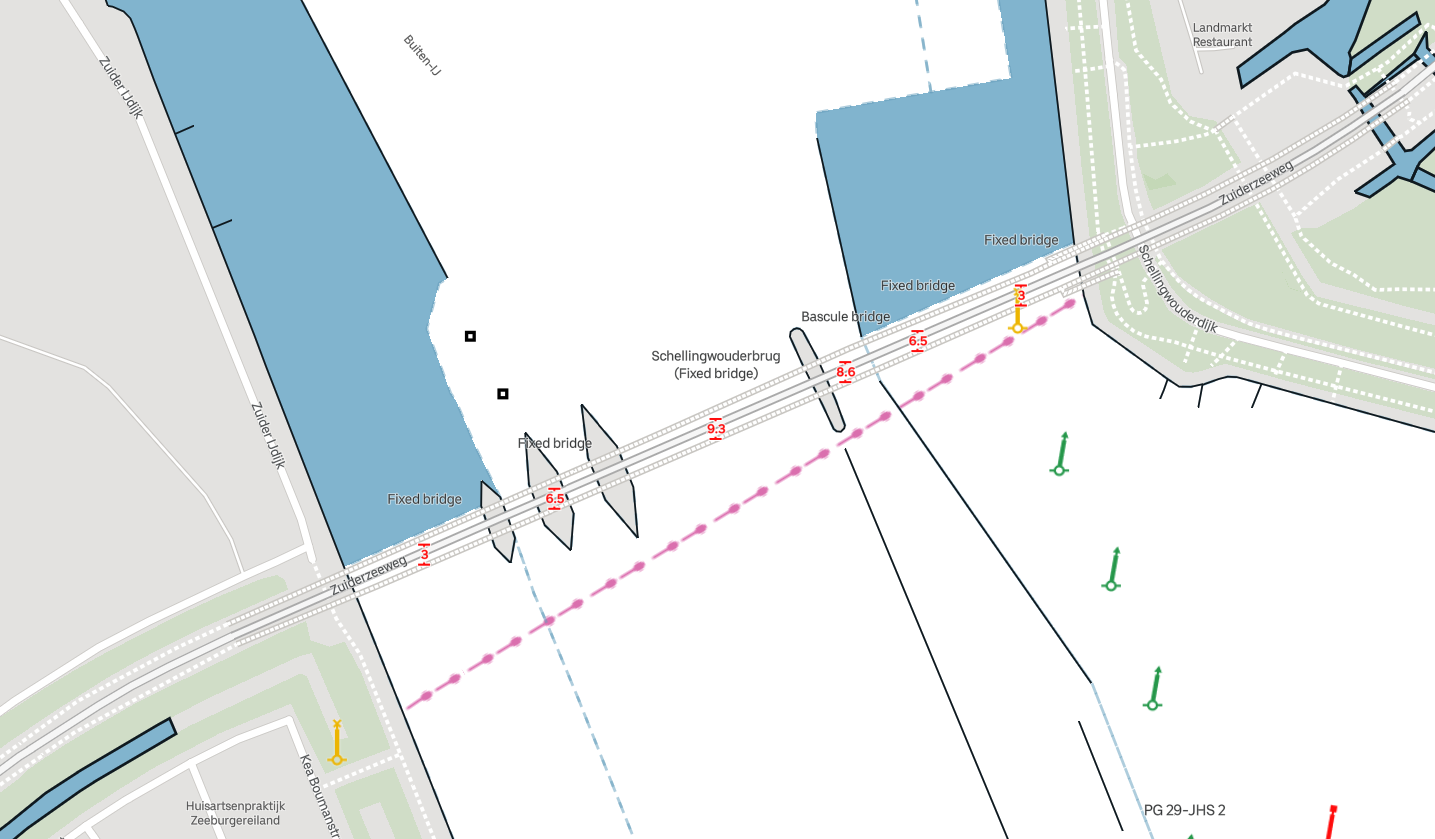 For a sailboat with a 15m tall mast, these bridges are too low to pass and are marked in red.