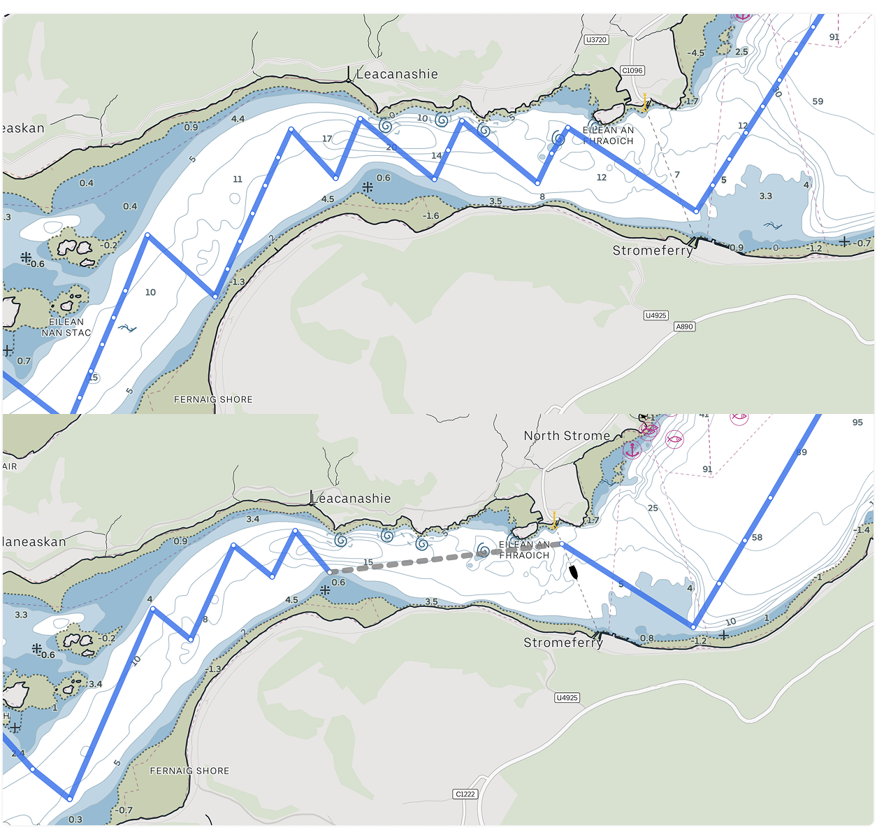 Top shows the updated Sail Routing that keeps sailing through a narrow channel. Bottom shows the old Sail Routing switching to engine in order to pass through the narrow passage.