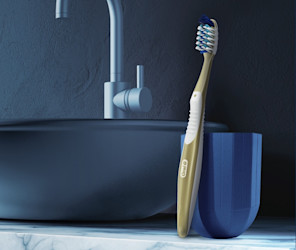 An Oral-B manual toothbrush on display