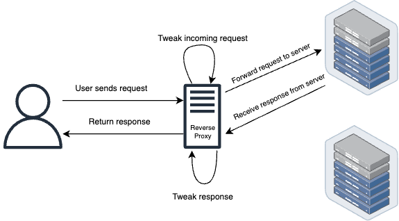 Simple diagram of a reverse proxy setup and interactions between user, proxy, and application servers.