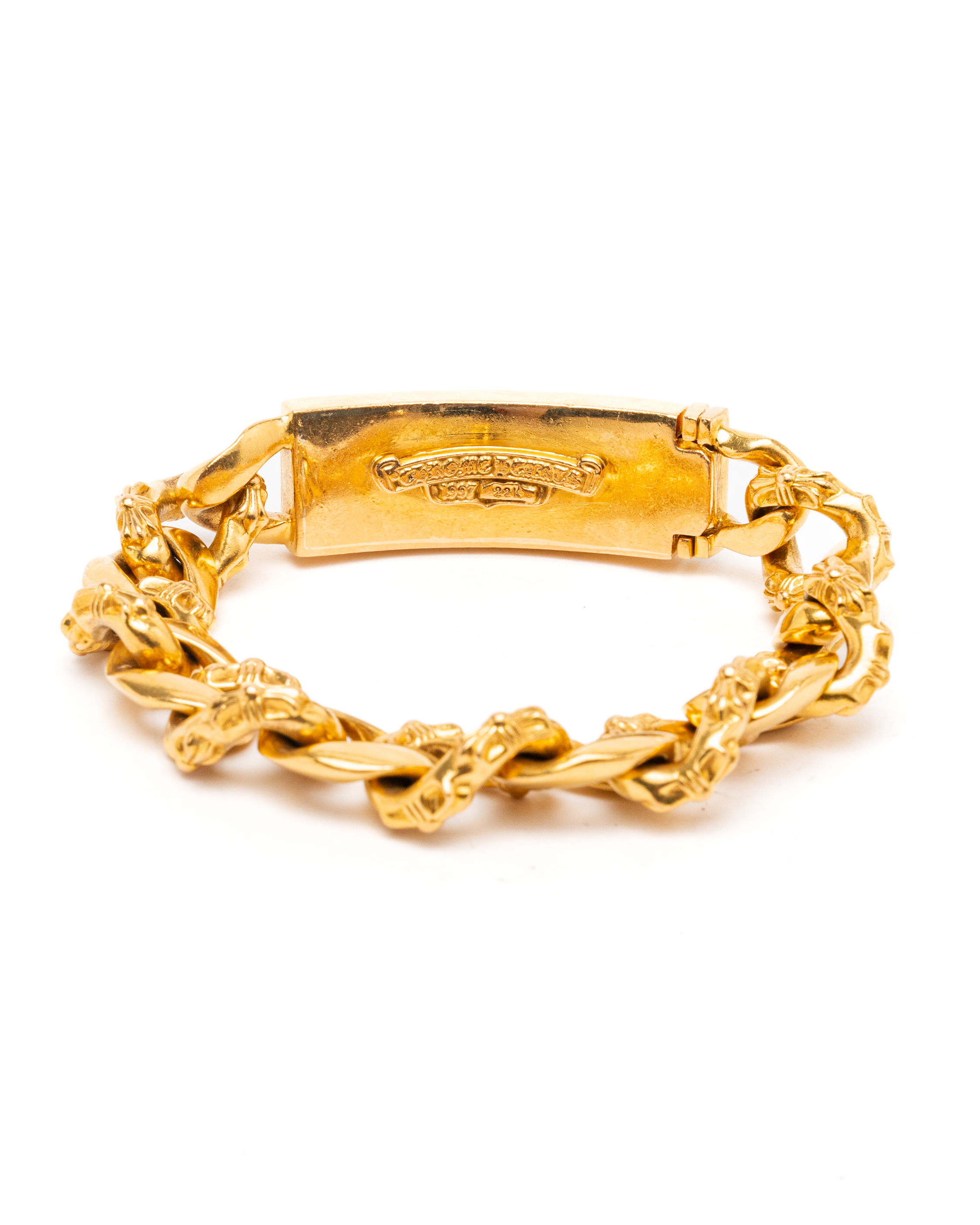 22k Yellow Gold and Ruby Floral Cross ID Bracelet | Chrome Hearts