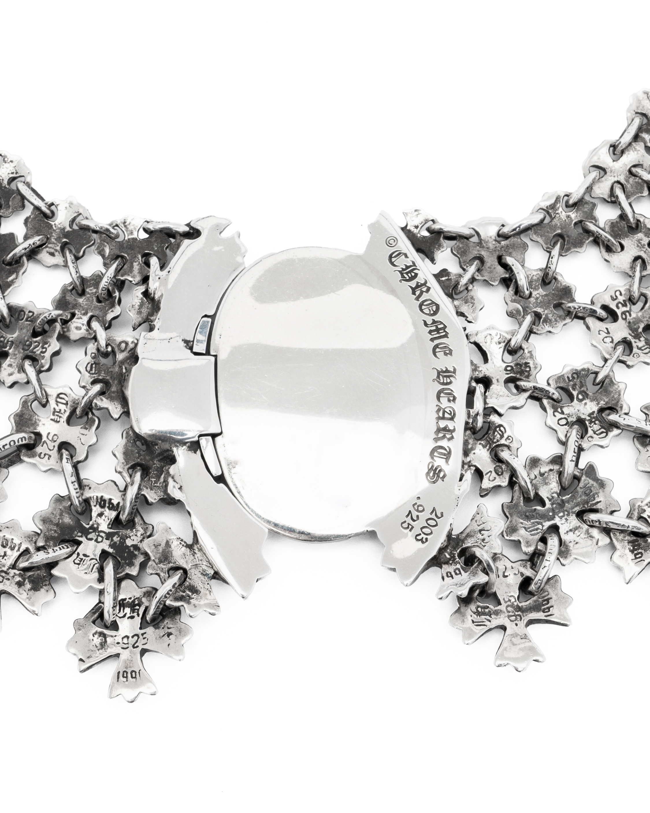 Oval Cross Pave Diamond and Silver Chain Maille Necklace
