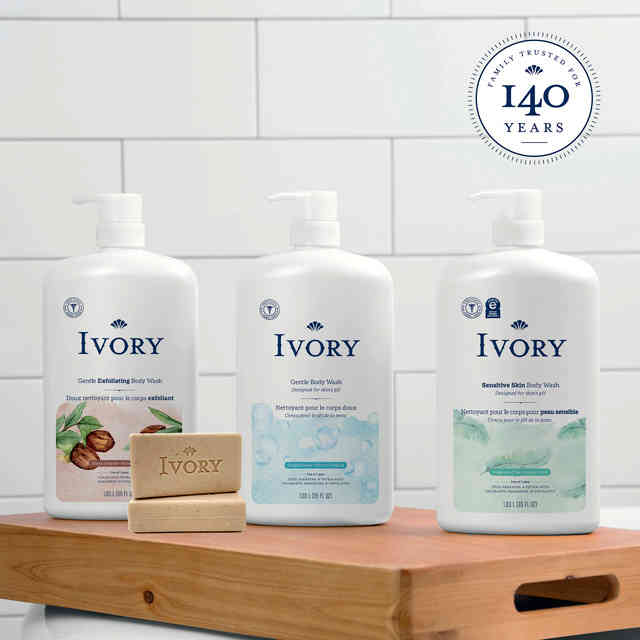 Ivory group shot with body wash and exfoliating bar - family trusted for 140 years