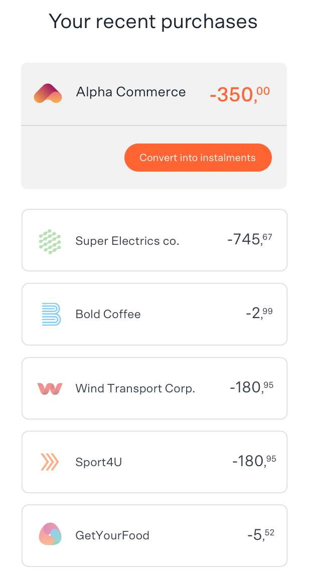 A mobile screen displays a list of the user's recent purchases, with the first purchase showing an option to split the payment into installments.
