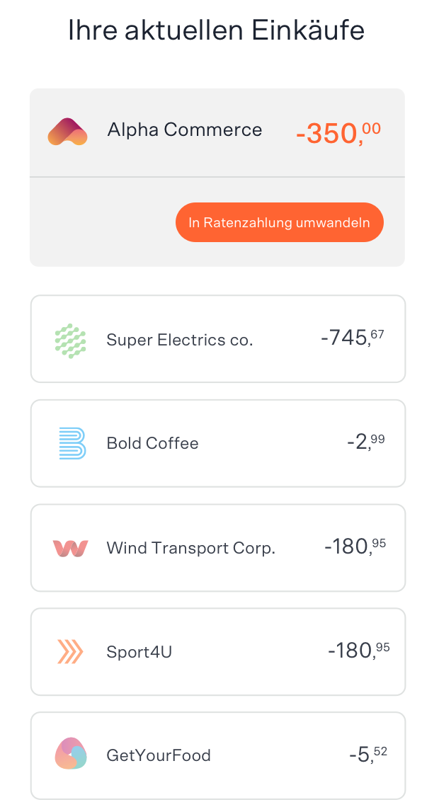 Ein mobiler Bildschirm zeigt eine Liste der letzten Käufe des Nutzers an, wobei beim ersten Kauf die Option angezeigt wird, die Zahlung in Raten aufzuteilen
