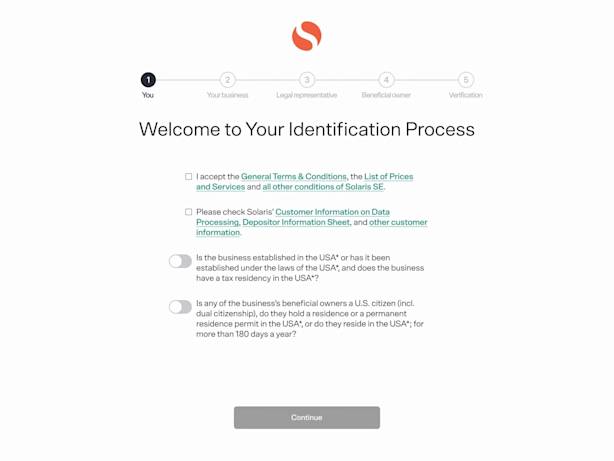 Mockup of KYB process, first step, with welcome message