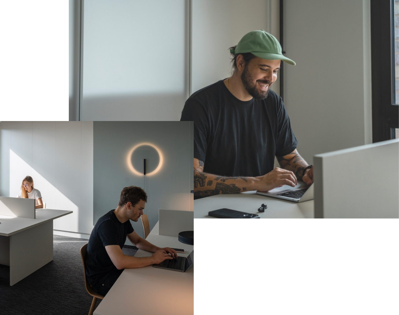 Top right: a man working on his notebook. Bottom left: two people working together nearby with a notebook.