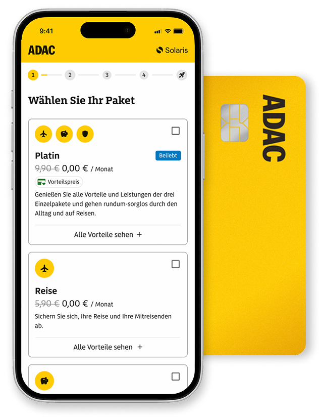 Mobile mockup of ADAC's card plan selection. Behind, ADAC's credit card.
