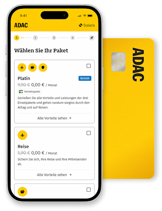 Mobile mockup of ADAC's card plan selection. Behind, ADAC's credit card.