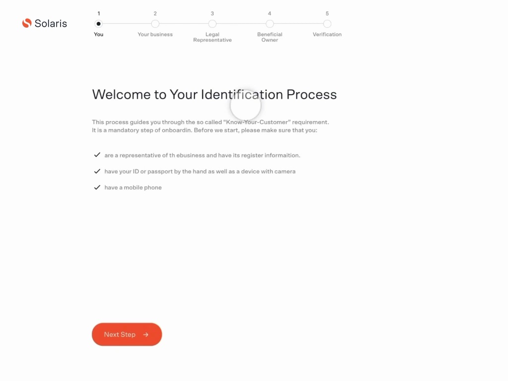 A desktop screen shows the first screen of an identification process with the message "Welcome to your identification process". A user is prompted to start the process.