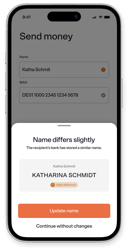 A digital mockup of a customer's "send money" screen, highlighting the verification of payee procedure.